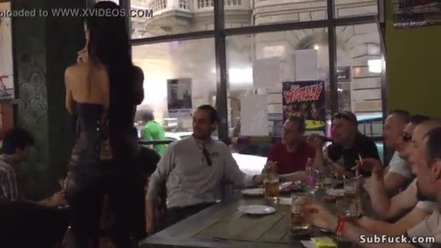 Pierced alt slave banged in public bar