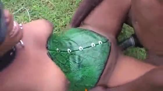 Kinky ebony sex slave getting her pussy wrecked outdoors